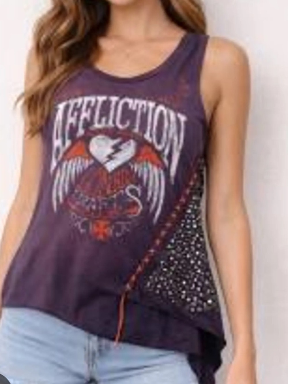 Affliction Studded Gray Orange Sleeveless Graphic Muscle Tee Asymmetric cut Sz L